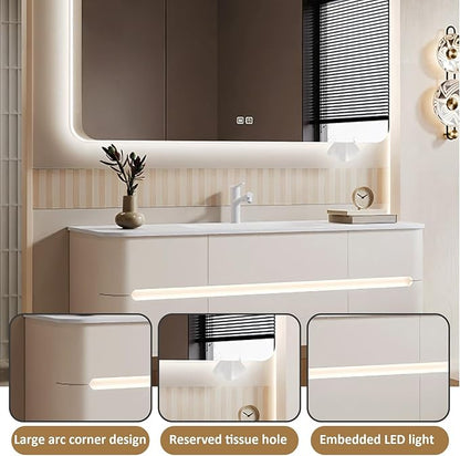 36IN Bathroom Vanity - Bathroom Vanity with Sink with Intelligent Induction Light | Wall-Mounted Bathroom Vanity with Intelligent LED Mirror Cabinet & 6 Drawers, Cream Color