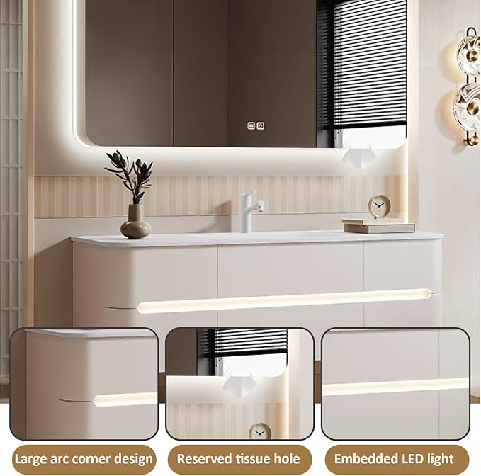 64IN Bathroom Vanity - Bathroom Vanity with Sink with Intelligent Induction Light | Wall-Mounted Bathroom Vanity with Intelligent LED Mirror Cabinet & 6 Drawers, Cream Color