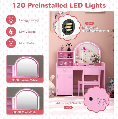 HONEY JOY Kids Vanity with Lights, Little Girls Vanity Set with Mirror and Stool and Lights, Wooden Princess Makeup Dressing Table, Storage Cabinet, Pretend Play Kids Vanity Table and Chair Set(Pink)