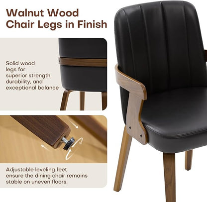 Kitchen Dining Chairs Set of 2, Faux Leather Upholstered Dining Room Chairs with Wood Arms and Legs, Mid Century Modern Kitchen Side Chair for Living, Bedroom, Restaurant, Walnut/Black