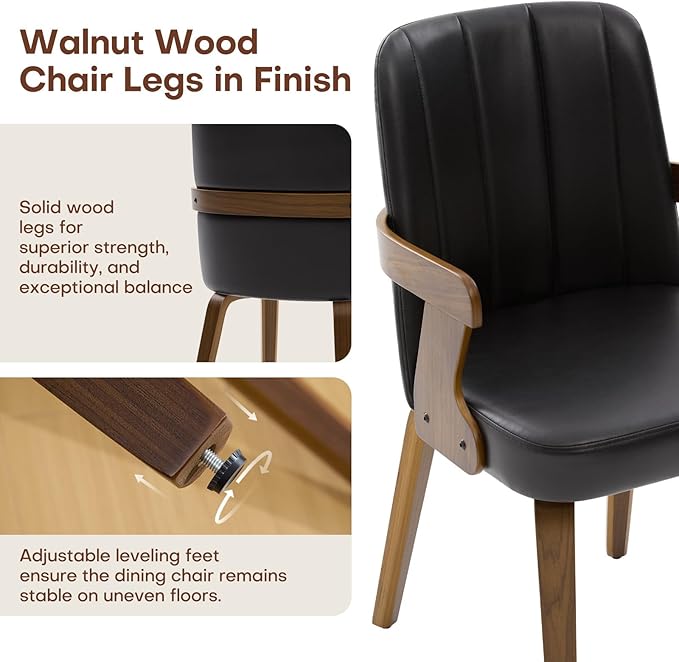 Kitchen Dining Chairs Set of 4, Faux Leather Upholstered Dining Room Chairs with Wood Arms and Legs, Mid Century Modern Kitchen Side Chair for Living, Bedroom, Restaurant, Walnut/Black