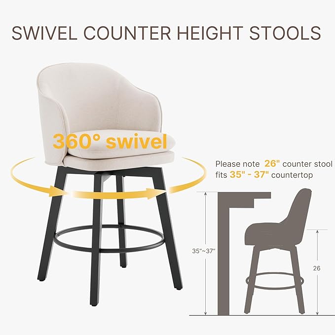 Counter Height Barstools 26 inch Upholstered Swivel Bar Stools with Back and Wood Legs for Kitchen Island,Set of 1,Beige Fabric