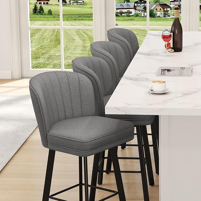Swivel Counter Height Bar Stools Set of 6, 26'' Modern Barstools with Backs and Metal Legs, Upholstered Bar Chairs,Mid-Gray,Fabric Stools for Kitchen Island Chairs