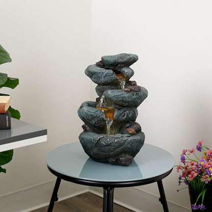 Alpine Corporation TZL418 14" 3 Tier Rock Fountain with LED Lights, Elegant Cascading Water Feature for Tabletop, Indoor Decor, Relaxing Stone Waterfall for Home & Office, Gray