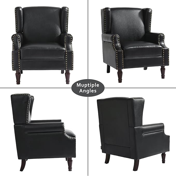 Lumibee Accent Chairs, Faux Leather High Back Armchair Set of 2 or Living Room, Comfy Upholstered Single Sofa Reading Chairs with Solid Wood Legs for Office, Bedroom, Waiting Room-Black