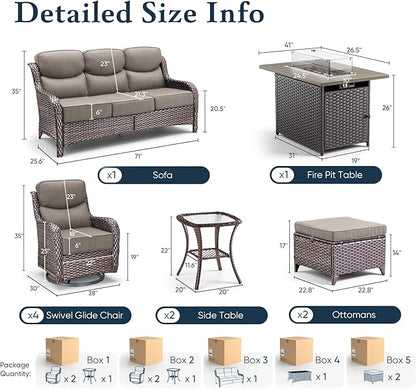 Belord Luxury 6" Thick Cushioned 10 Pieces Patio Furniture Set with Fire Pit Table, Wicker Outdoor Conversation Set with High Back Swivel Rocker Chairs for Deck Porch Yard and Poolside - Brown+Grey