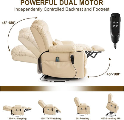 Dual Motor Large Power Lift Recliner Chair for Elderly with Heat and Massage,Lay Flat Lift Chairs Recliners for Seniors Infinite Position,USB Ports&Remote, Leather (Beige, Large)