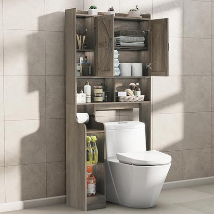 Over The Toilet Storage Cabinet with Barn Doors, Rustic Bathroom Organizer, Space-Saving Shelf for Laundry, Grey
