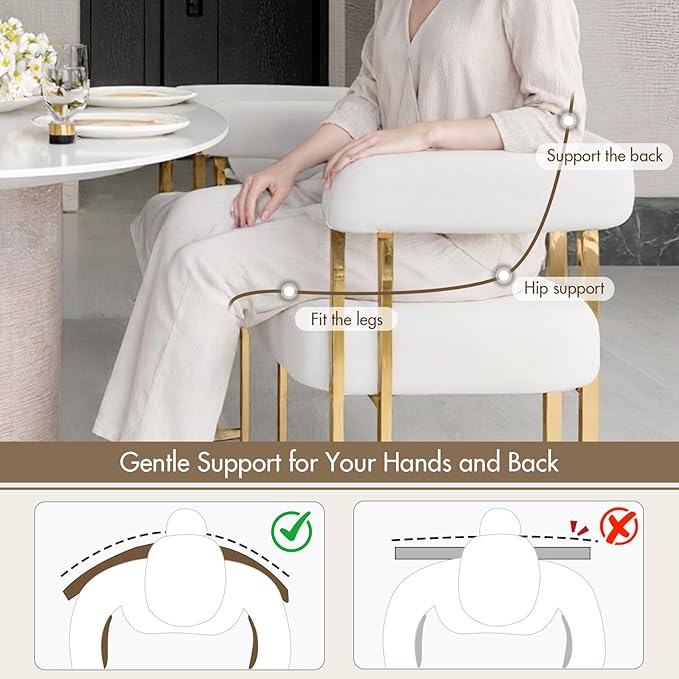Set of 4 Beige and Gold Modern Dining Chairs, Velvet Upholstered Barrel Armchairs with Metal Legs for Kitchen Island, Mid Century Accent Chairs for Dining Room Living Room, Open-Back