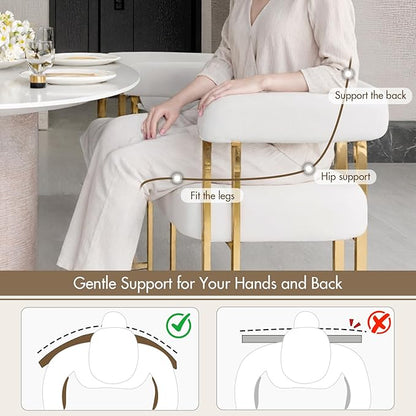 Beige and Gold Modern Dining Chairs Set of 2, Velvet Upholstered Barrel Armchairs with Metal Legs for Kitchen Island, Mid Century Accent Chairs for Dining Room Living Room, Open-Back