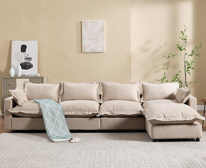 chairus 126" Modular Sectional Sofa with Moveable Ottoman Upholstered Deep Seat Linen Couch Set with Soft Pillows L-Shape Sofa Couch for Living Room, Apartment, Reception Room, 4-Seater/Oatmeal