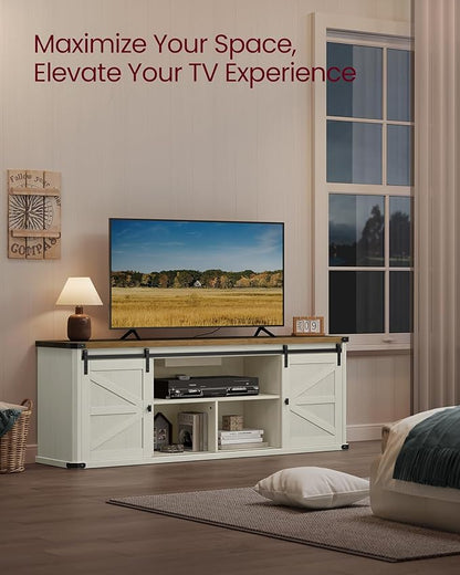 VASAGLE TV Stand for TVs up to 75 Inches, Farmhouse Entertainment Center with Sliding Barn Doors, TV Console Table for Living Room, Rustic White and Honey Brown ULTV325W73