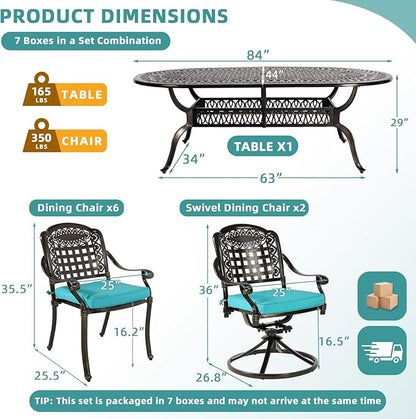 MEETWARM 9-Piece Outdoor Patio Dining Set, All-Weather Cast Aluminum Patio Conversation Set with 6 Stationary, 2 Swivel Rocker Chairs, 1 Oval Table, 8 Cushions, 2" Umbrella Hole, Ocean Blue