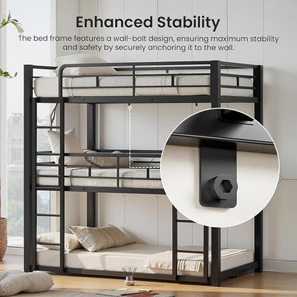 Metal Triple Bunk Bed, Twin Over Twin Over Twin Heavy Duty Bunkbeds, Full-Length Guardrail Family-Friendly for All Ages, Bedroom, No Box Spring Needed, Easy Assembly, Black