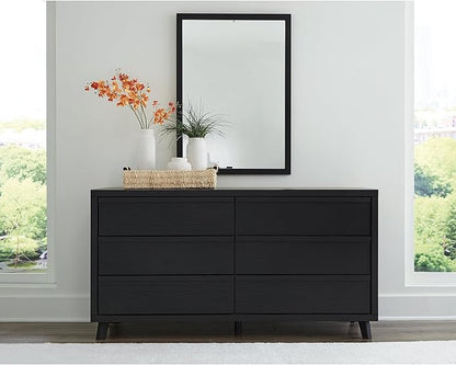 Signature Design by Ashley Danziar Mid-Century Modern 6-Drawer Dresser and Mirror with Safety Stop, Black