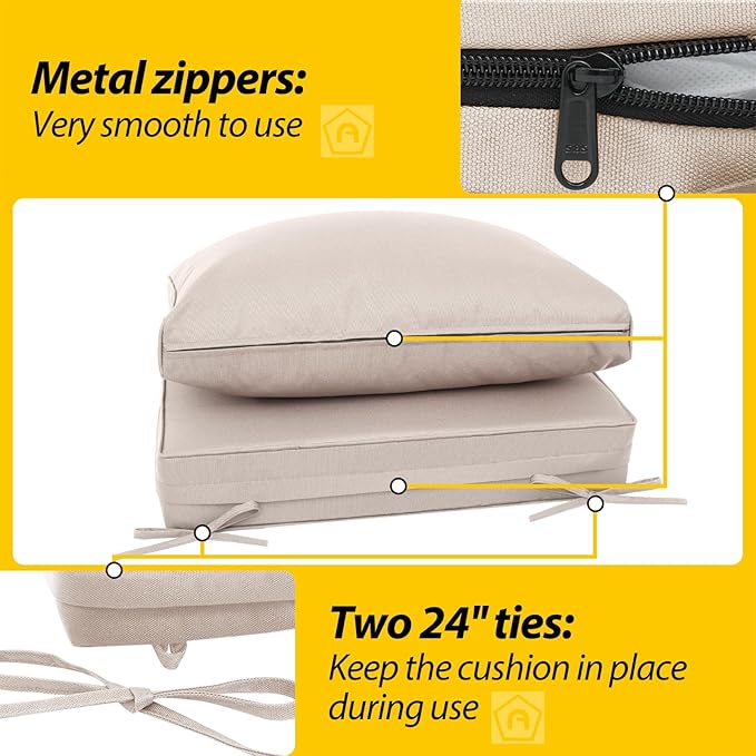 AAAAAcessories Outdoor Deep Seat Cushions, Waterproof, Fade-Resistant Patio Furniture Replacement Cushions, 25.5" x 25.5" x 5" + 25.5" x 13.5", Khaki Beige