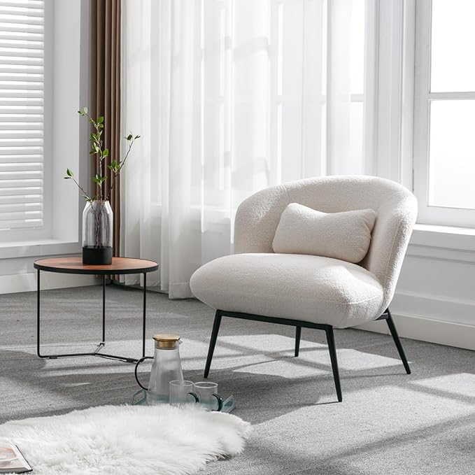 HEAH-YO Modern Accent Chairs Set of 2, Upholstered Sherpa Side Chairs with Barrel Backrest and Metal Legs, Comfy Armless Chair for Living Room Bedroom, White