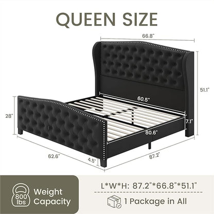 LARMACE Queen Size Bed Frame Velvet Upholstered Platform Bed with Wingback Headboard & Footbaord, Deep Button Tufted Bed Frame with Wood Slats Support, No Box Spring Needed, Black