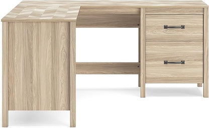Signature Design by Ashley Battelle Casual L-Shaped Chevron Pattern 60" Home Office Desk with Return, Drawer and Cabinet, Light Brown