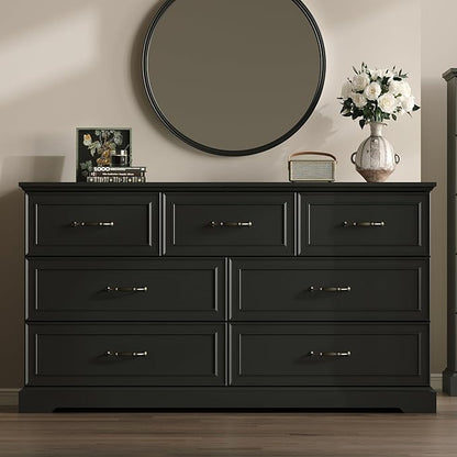 Farmhouse 7 Drawers Dresser for Bedroom, 57" Wide Modern Chest of Drawers with Deep Drawers & Bar Handles, Rustic Wood Dresser TV Stand, Wooden Closet Storage Organizer for Living Room, Hallway, Black
