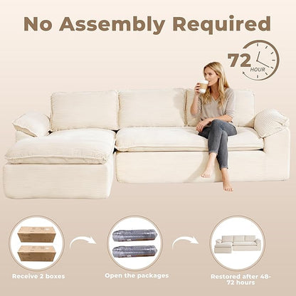 Modular Sectional Sofa, 107.5" L-Shaped Boneless Couch with Deep Seat, Modern Minimalist Upholstered Cloud Sectional Couch for Living Room Bedroom, No Assembly Required, Beige Corduroy