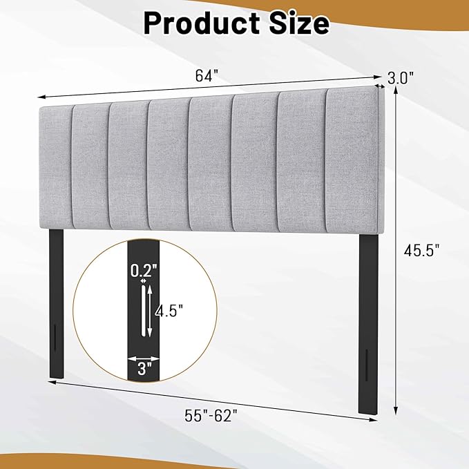 KOMFOTT Linen Upholstered Headboard for Full & Queen Size Bed, Vertical Channel Tufted Rectangular Headboard with Solid Wood Legs & Adjustable Width, Padded Bed Backboard, Easy Assembly (Gray)