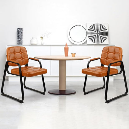 CLATINA Waiting Room Chairs with Padded Arms Leather Guest Chair no Wheels for Office Reception and Conference Desk with Sled Base Orange, 2PK