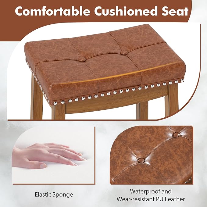 COSTWAY Saddle Bar Stools Set of 4, 29-Inch Bar Height Barstools w/PU Leather Seat, Solid Rubber Wood Frame, Footrest, Mid-Century Backless Bar Stools for Kitchen Island Home Bar