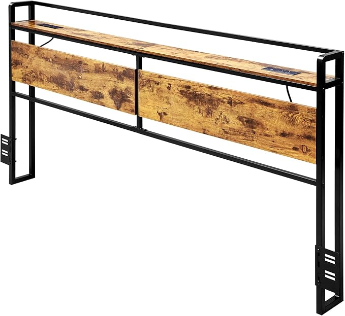 VEVOR Headboard for King Size Bed, Adjustable Height Headboard with Storage Shelf, King Size Freestanding Head Board with Outlets and USB Port for Different Bed Frames, Easy Assembly, Black and Brown