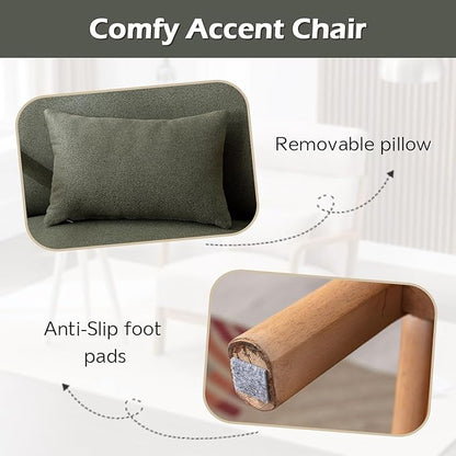 INZOY Mid Century Modern Accent Chair Set of 2, High Back Reading Armchair with Wood Frame, Upholstered Living Room Chairs with Waist Cushion, Single Lounge Arm Chair for Bedroom Sunroom, Green