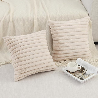 Pallene Faux Fur Plush Throw Pillow Covers 18x18 Set of 2, Luxury Soft Fluffy Striped Decorative Pillow Covers for Sofa, Couch, Living Room, Apricot