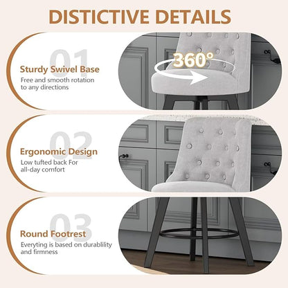 MINCETA Set of 4 Upholstered Bar Stools - 26 Inch Swivel Counter Height Stools with Low Tufted Back, Footrest & Performance Fabric - Round Seat for Kitchen Island & Home Bar Gray and Beige