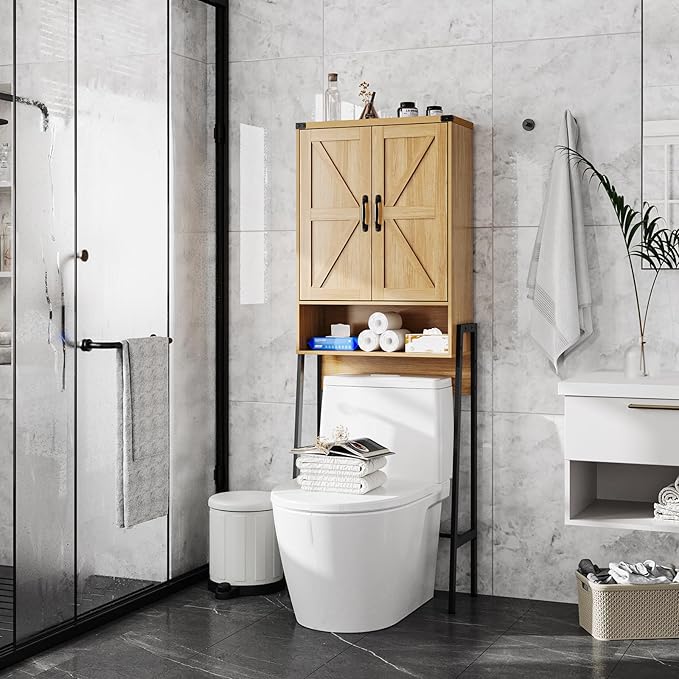 Over The Toilet Storage Cabinet with 2-Door Design Bathroom Organizers and Storage with Anti-Tip Device Over Toilet Organizer with Shelves for Bathroom,Restroom,Laundry Natural