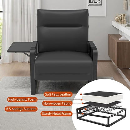 Upholstered Accent Chairs Set of 2, Modern Faux Leather Sofa Chairs with Foldable Side Tray Table & Storage Pocket, Small Accent Sofas for Living Room, Bedroom, Black