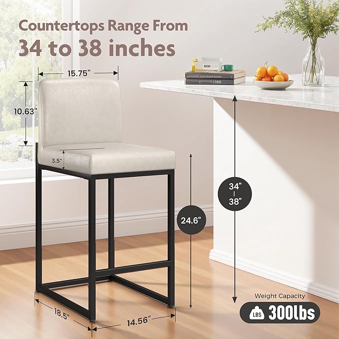 ALPHA HOME 24 Inch Bar Stools Set of 3, Kitchen Counter Stools with Backs, PU Leather Barstools, Kitchen Stools with Back&Upholstered Footrest, Sturdy Chromed Metal Steel Frame, Light Gray