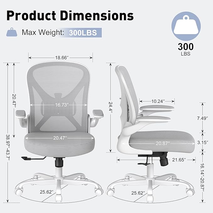 ZZH Ergonomic Office Chair with Adjustable Lumbar Support, Mesh Home Office Desk Chair with Wheels and Flip-up Arms, Grey