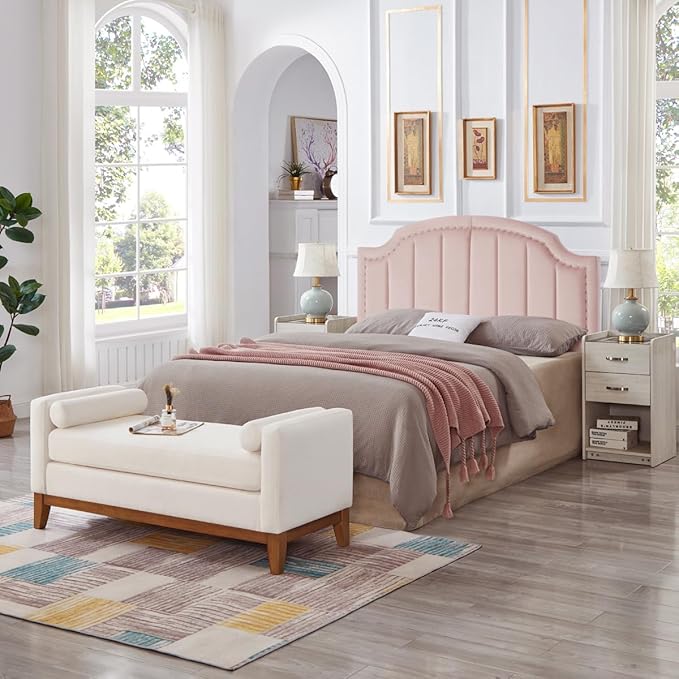 24KF Velvet Fabric Upholstered Queen/Full Headboard with Nail Trims,Modern Vertical Channel Design with Curved Headboard, 6052-Q-Pink
