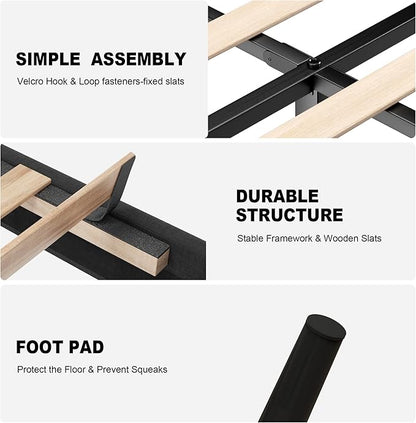 Queen Size Bed Frame with Fabric Upholstered Headboard, Platform Bed with Wooden Slats Support, Fully Mattress Foundation, Box Spring Optional, Easy Assembly