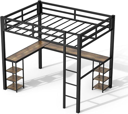 Full Size Loft Bed with Desk & Open Shelves, Heavy Duty Metal Bed Frame with Safety Guardrails & Ladder, Loft Beds with Vintage Wood Finish L-Shaped Desk, Black