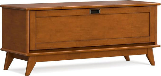 SIMPLIHOME Draper Storage Bench - 44 inch Wide Solid Wood Entryway Bench in Teak Brown, Mid Century Hallway Bench for Living Room with Flip-Down Door and 3 Cubbies