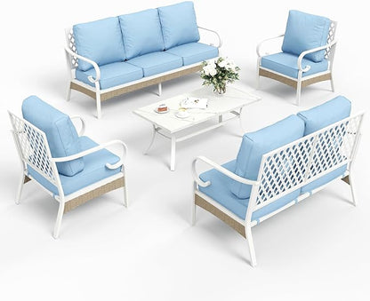 6 Piece Metal Outdoor Patio Furniture Set, Patio Conversation Sets 3-Seater Sofa, 2 Fixed Chair, 2 Swivel Chair with 5.75" Thick Cushion & Coffee Table White Backyard Furniture, Blue