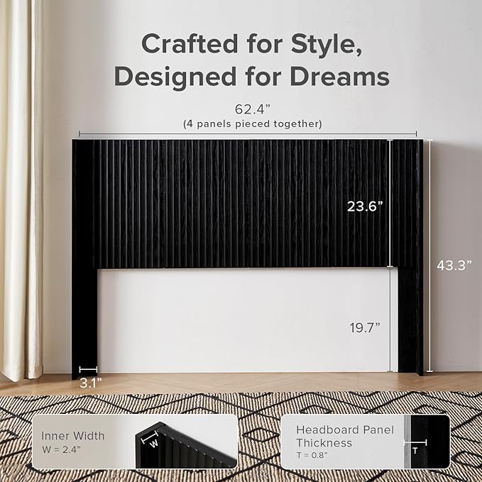 mopio Brooklyn 62.4" Headboard Only, Wood Headboard, Modern Farmhouse, Boho, Wall Mount, Fluted Panel, Wingback Design (Black Oak, Queen)