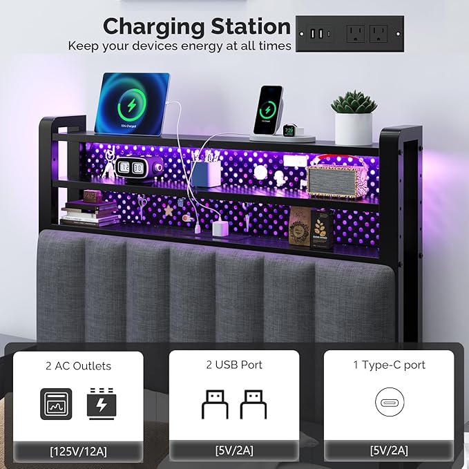 VINGLI Twin or Twin XL Size Headboard, Adjustable Upholstered Headboard with 3 Tier Shelves and Pegboard with Charging Stations and LED Lights, Modern Bed Headboard with Storage for Bedroom Decor