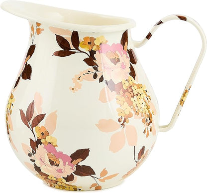 MACKENZIE-CHILDS Enamel Pitcher with Spout, Cute Water Pitcher, 3 Quarts, Wild Rose White