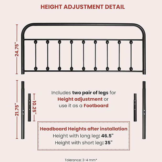 Vintage Metal Headboards, Adjustable Height Iron Frame, Farmhouse Rustic Style, Elegant and Durable Design, Easy Assembly, Universal Fit for Kids & Adults, King Size, Black Finish