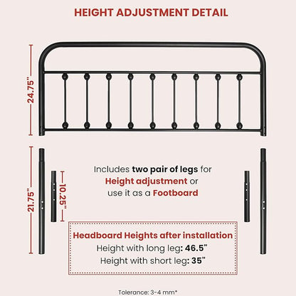 Vintage Metal Headboards, Adjustable Height Iron Frame, Farmhouse Rustic Style, Elegant and Durable Design, Easy Assembly, Universal Fit for Kids & Adults, King Size, Black Finish