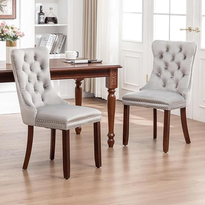 Velvet Dining Chairs Set of 4, Upholstered Dining Room Chairs with Nailhead Ring Pull, Button Tufted Wing Back Chairs for Dining with Solid Wood Legs for Kitchen Dining Room(Light Grey)