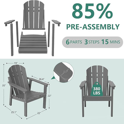 Adirondack Chair Set of 8, All Weather HDPE Fire Pit Chairs, Oversized Plastic Adirondack Chair for Outdoor, Balcony, Deck, Backyard, Patio, Garden, Poolside, Lawn Grey