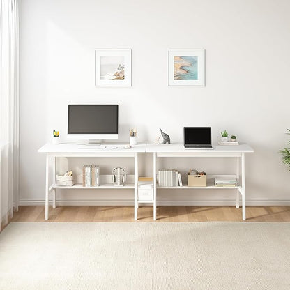 2-Person Writing Desk with Bookshelf - 110" Wooden Extra Long Home Office Work Table, Double Study Computer Workstation with Storage Shelves in White, 110" W x 24" D