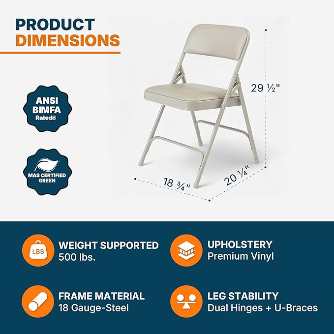 OEF Furnishings OEF1200 Series Premium Heavy Duty Vinyl Padded Folding Chairs, Commercial Grade 500 lb Capacity (4-Pack, Warm Gray)